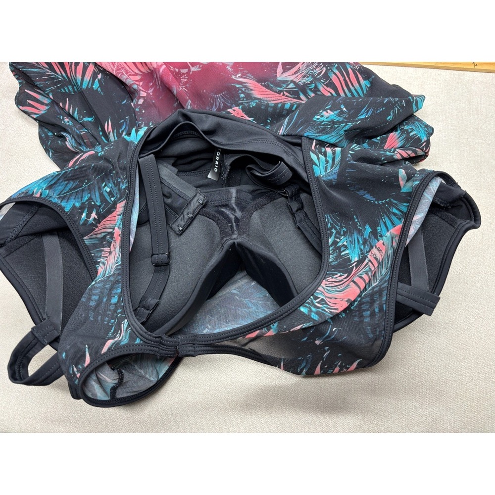 Torrid Swimdress Womens 3 DD/F Black Underwire Long Mesh Overlay Palm Tropical - Picture 7 of 9